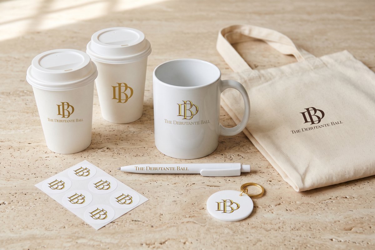 The Debutante Ball gold DB monogram printed on custom cups, a mug, a pen, a tote bag, a keychain and stickers