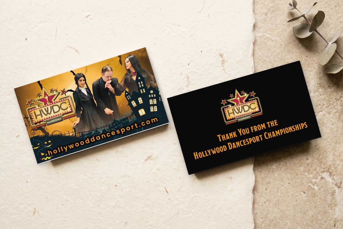 Front and back of a custom Hollywood DanceSport Championships business card printed at The UPS Store #0107 St. Petersburg