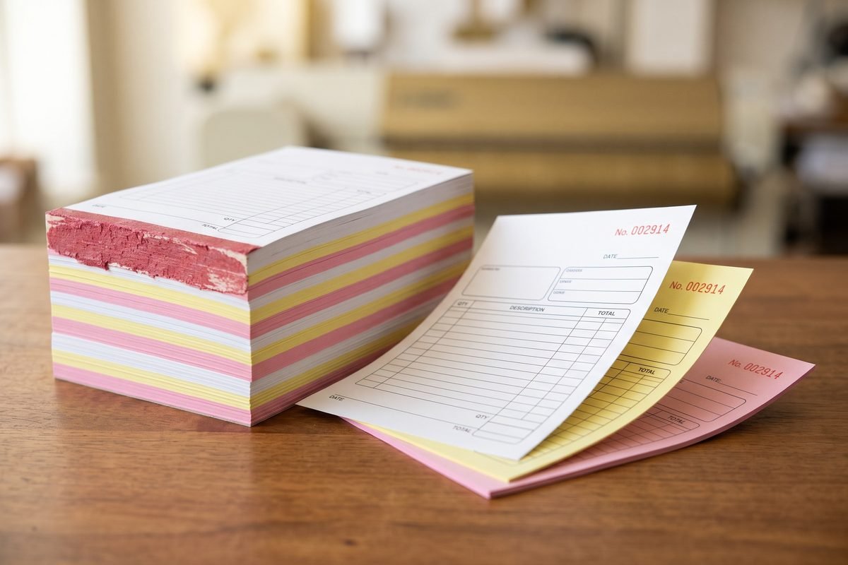 Stack of carbonless business forms and documents