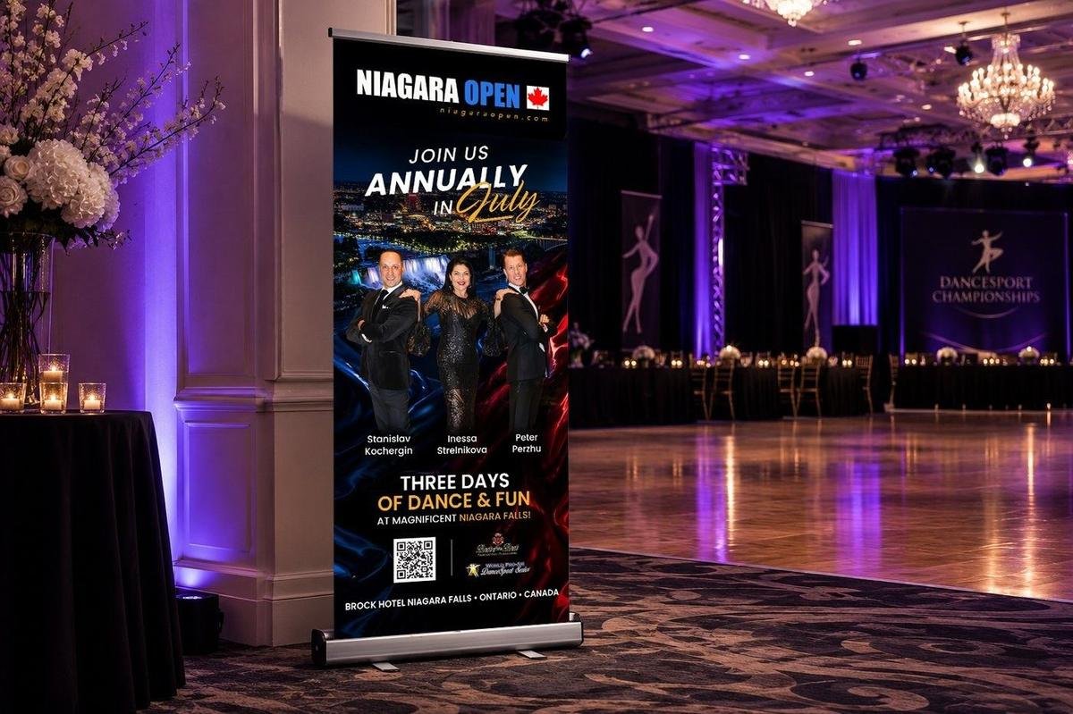 Retractable banner display in a ballroom — large format event printing St. Petersburg