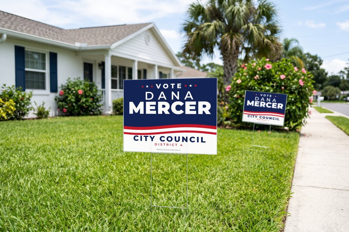Custom printed campaign yard signs for a city council candidate on a Florida lawn