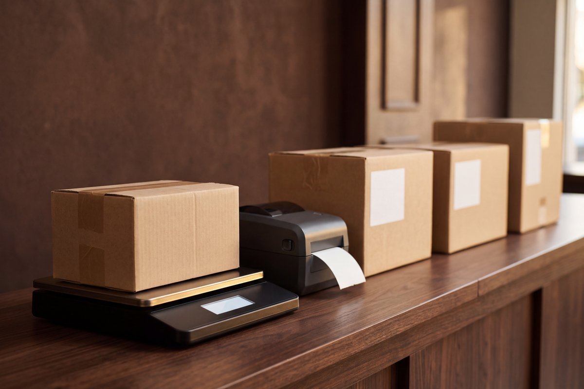 Shipping counter with package scale, label printer and boxes staged for pickup