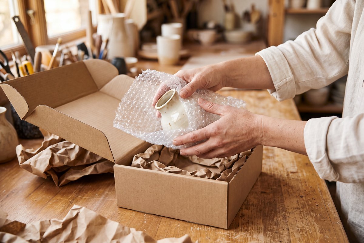Hands wrapping a ceramic vase in bubble wrap for packing